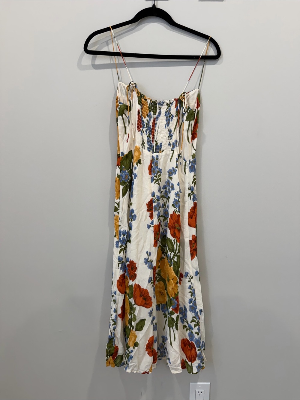 Reformation Cream Floral Midi Dress with Red, Blue & Mustard Blooms